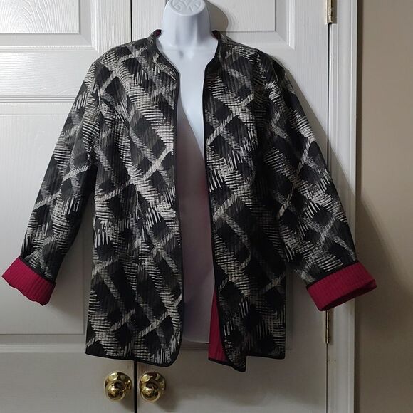 Catherines Reversible open Front Quilted Jacket pink black white Sz 1X - Picture 3 of 4